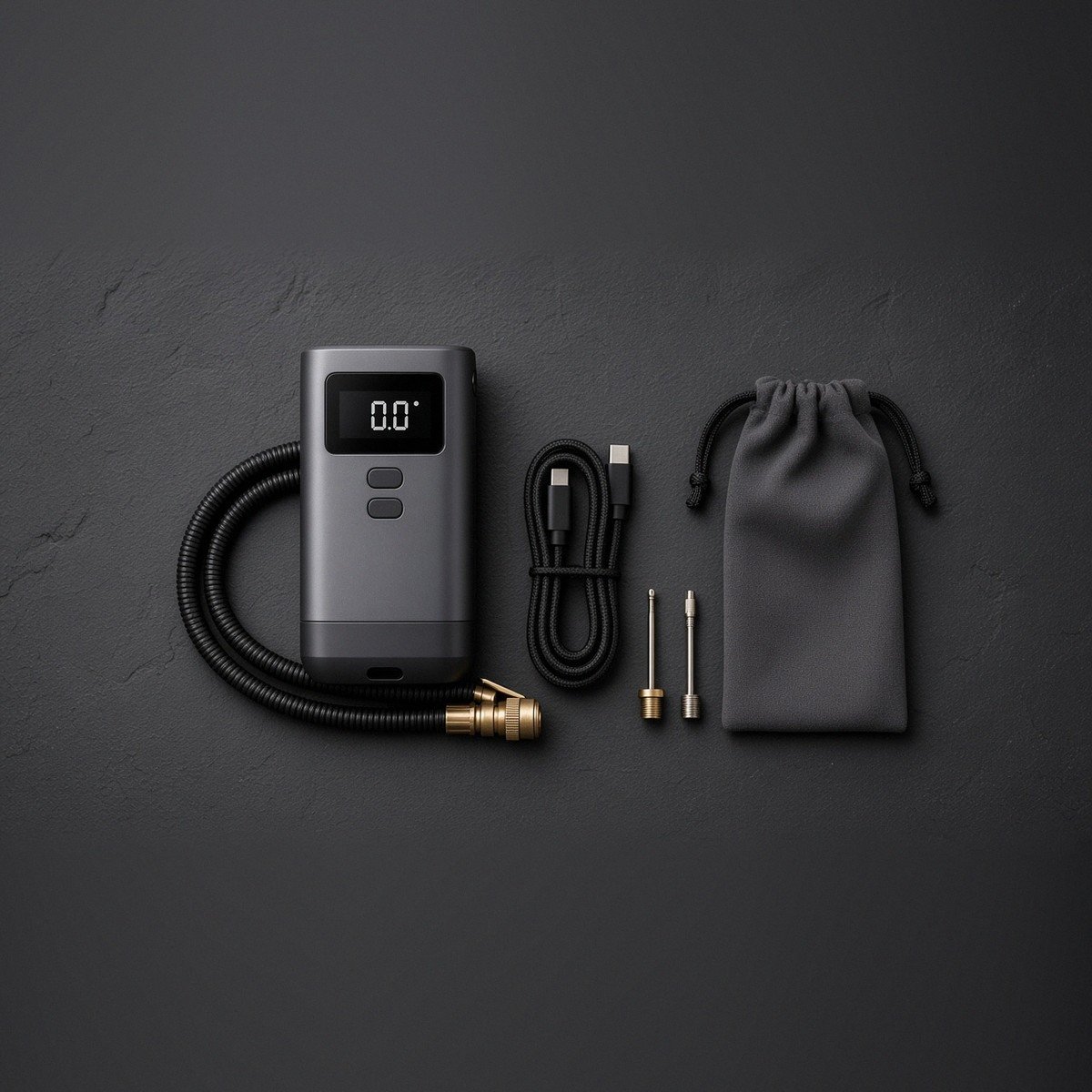 Zestaw Bomxe: kompresor akumulatorowy z wyświetlaczem, wąż z mosiężną końcówką, kabel USB-C, adaptery i etui
